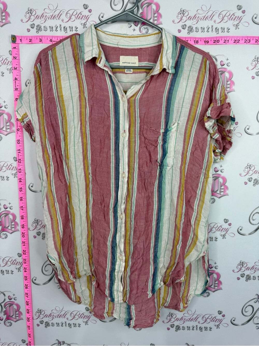 American eagle shirt Striped Short-Sleeve Button-Up Shirt - Multi Pink